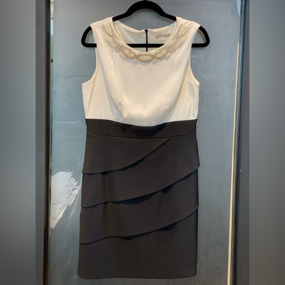 Signature Sabrina Black and Ivory Dress w/Beaded Neckline